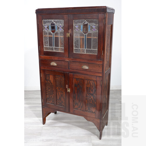 Early 20th Century Art Deco Lead Light Oak Cabinet