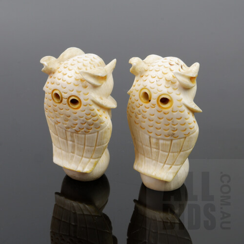 Pair of Good Antique Japanese Carved Ivory Owl Netsuke, Signed