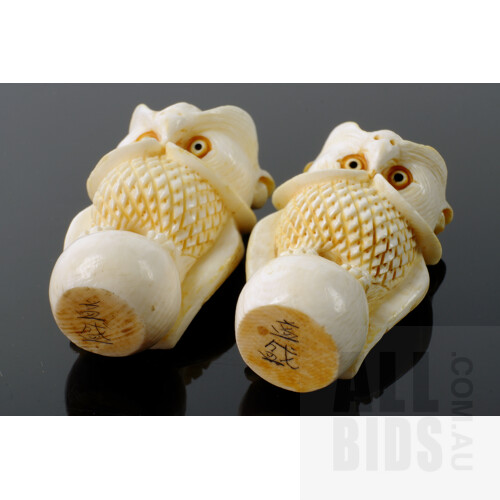 Pair of Good Antique Japanese Carved Ivory Owl Netsuke, Signed