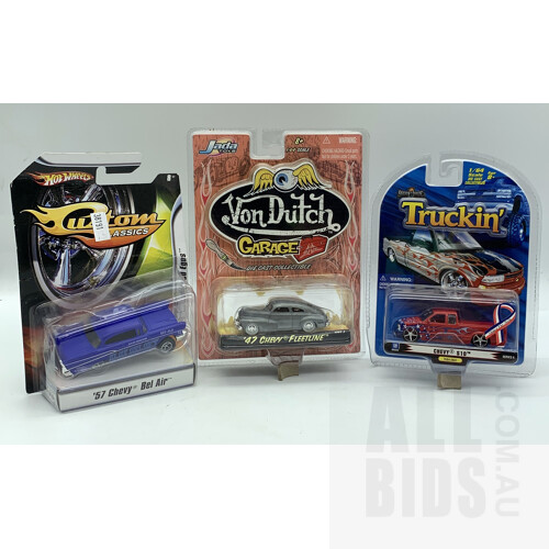 Hot Wheels 1957 Chevy Bel Air, Jada Toys Von Dutch Garage 1947 Chevy Fleetline And Badd Ride Chevy S10 Truck - 1:64 Scale Model Cars