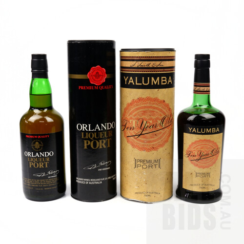 Yalumba 10 Year Old Port in Presentation Cylinder and Orlando Liqueur Port in Presentation Cylinder