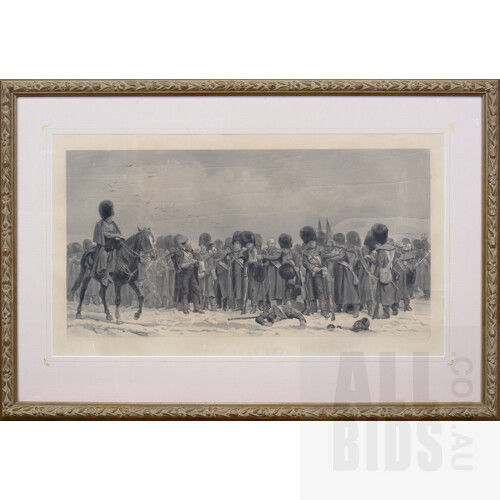 Large Framed Engraving, 'The Roll Call: Calling the Roll After an Engagement, Crimea', After the Painting by Elizabeth Thompson, In the Royal Collection, 