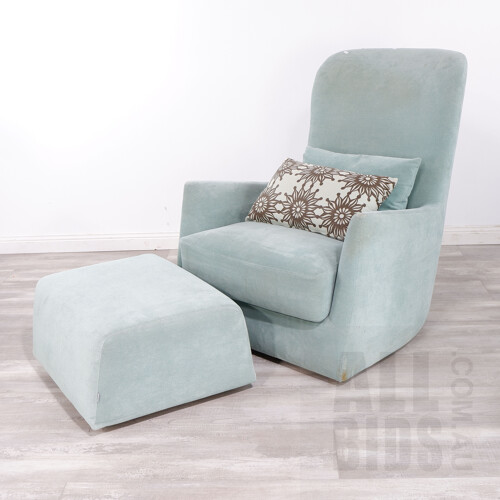 Contemporary Jardan Blue Fabric Upholstered Armchair with Footstool