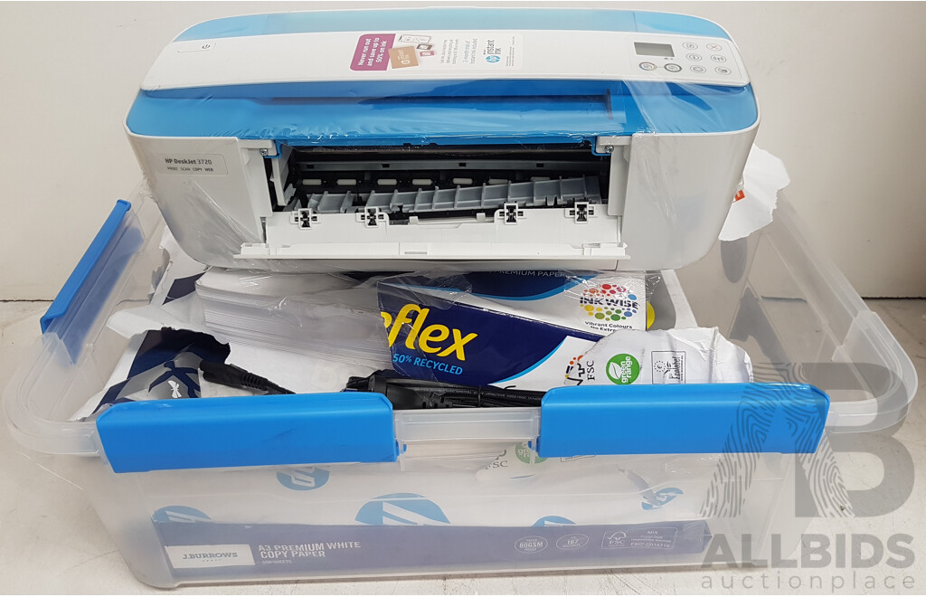 HP DeskJet 3720 Printer, A3 & A4 Paper Sheet Packs, and Ink Cartridges - Lot of 8 - Total ORP $521.94