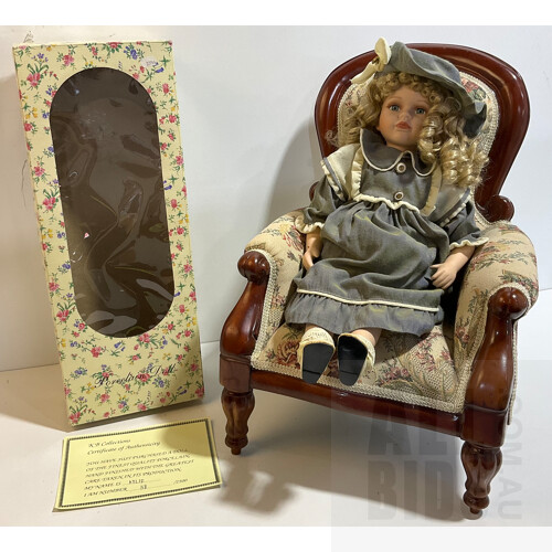 Porcelain Doll in Box With Certificate and Chair