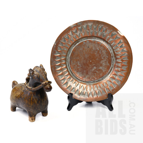 Vintage Indo Persian Tinned Copper Dish with Glazed Ceramic Horse