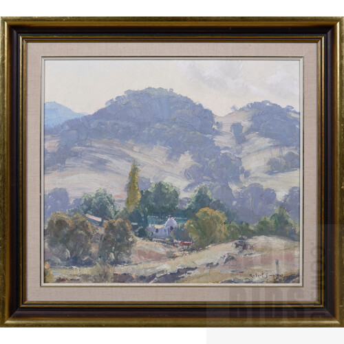 Robert Simpson (born 1955), Spring Creek Station, Tharwa, Oil on Board, 33 x 38 cm