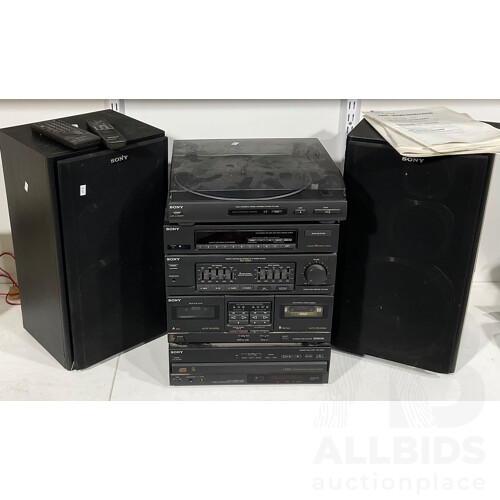 Complete Sony Sound System With Two Speakers Including Fully Automatic Stereo Turntable System PS-LX62, FM Stereo/FM-MW-SW1-SW2 4 Band Tuner, Remote Controlled Compact Hi-Fi Stereo System XO-D501, Automatic Tape Selector and Compact Disc Player CDP-C500M