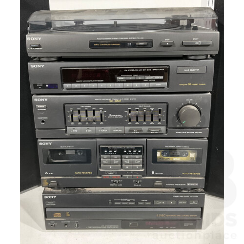 Complete Sony Sound System With Two Speakers Including Fully Automatic Stereo Turntable System PS-LX62, FM Stereo/FM-MW-SW1-SW2 4 Band Tuner, Remote Controlled Compact Hi-Fi Stereo System XO-D501, Automatic Tape Selector and Compact Disc Player CDP-C500M