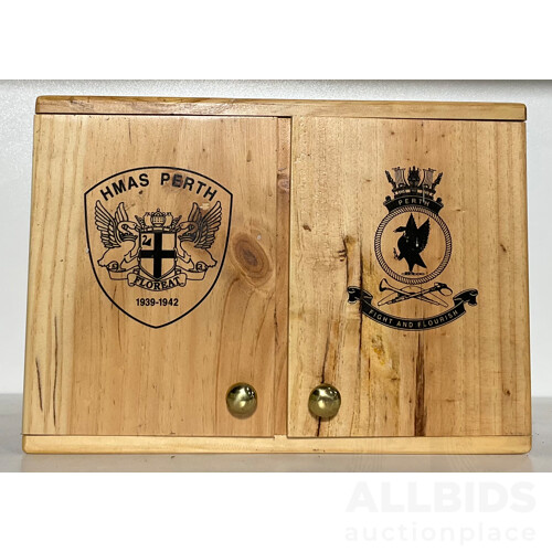 HMAS Perth 1939 & 1965 Commemorative Tawny Port in Ceramic Bell Bottles, in Wooden Box With Cupboard Doors