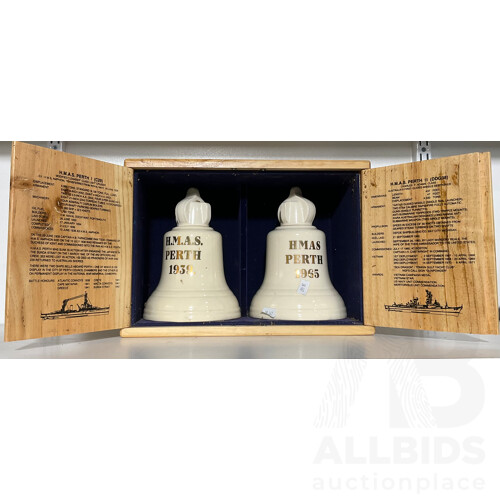 HMAS Perth 1939 & 1965 Commemorative Tawny Port in Ceramic Bell Bottles, in Wooden Box With Cupboard Doors