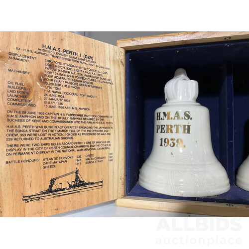 HMAS Perth 1939 & 1965 Commemorative Tawny Port in Ceramic Bell Bottles, in Wooden Box With Cupboard Doors