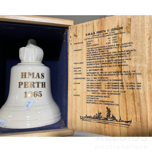 HMAS Perth 1939 & 1965 Commemorative Tawny Port in Ceramic Bell Bottles, in Wooden Box With Cupboard Doors