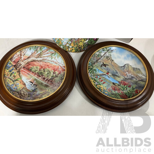 Australian Collectors Treasury, Nitto Fine China Made in Japan, Australian Scenic Wonders by Deidre Hunt - Three Plates, Two in Boxes, Three in Round Displays and Two Extra Empty Displays