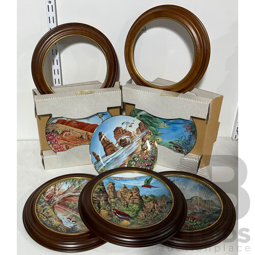 Australian Collectors Treasury, Nitto Fine China Made in Japan, Australian Scenic Wonders by Deidre Hunt - Three Plates, Two in Boxes, Three in Round Displays and Two Extra Empty Displays