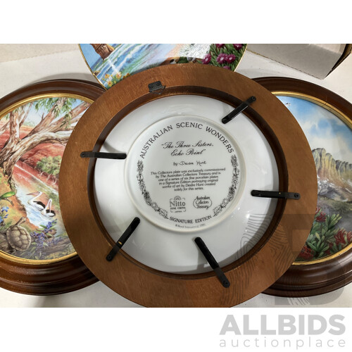 Australian Collectors Treasury, Nitto Fine China Made in Japan, Australian Scenic Wonders by Deidre Hunt - Three Plates, Two in Boxes, Three in Round Displays and Two Extra Empty Displays