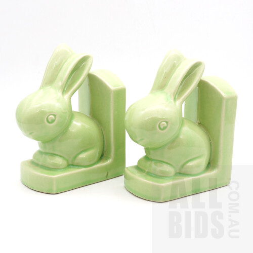 Pair of Vintage Sylvac Style Green Ceramic Snubnose Rabbit Bookends