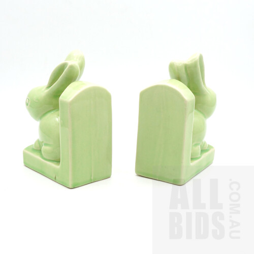 Pair of Vintage Sylvac Style Green Ceramic Snubnose Rabbit Bookends