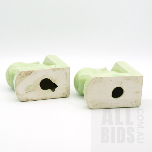 Pair of Vintage Sylvac Style Green Ceramic Snubnose Rabbit Bookends