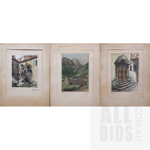 Three 20th Century German Coloured Etchings on Silk, each 21 x 15 cm (3)