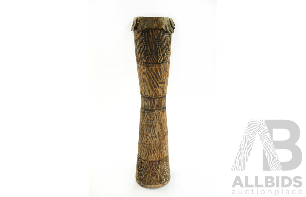 VIntage Hand Made Wooden Asmat Peoples West Paupuan Kundu Drum with Figurative Handle and Lizard Skin Drum Head