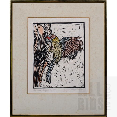 Virginia Wallace-Crabbe, Mallee Ringneck Parrott, Linocut, 26 x 20 cm (image)