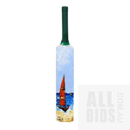 Pro Hart (1928-2006), Beach Scene with Boat, Oil on Cricket Bat, 40 cm overall