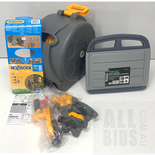 Hozelock Enclosed Compact Reel With 25m Hose and Black and Grey Greenleaf Storage Hanger ORP $119.85