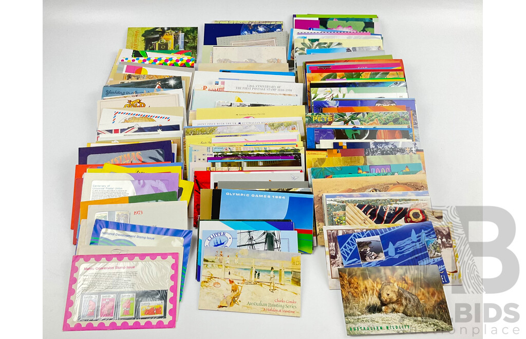 Collection of Australian Stamp Packs Spanning 1973 - 2002 Including 150th Anniversary of the First Postage Stamp, Joint Issue With the UK and Many More