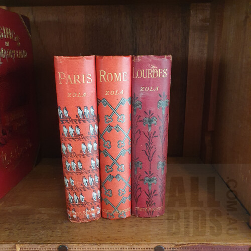 Antique Books, Three Emile Zola Novels, Paris, Lourdes and Rome, Chatto and Windus, London, 1898, All Hardcover