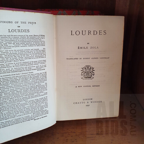 Antique Books, Three Emile Zola Novels, Paris, Lourdes and Rome, Chatto and Windus, London, 1898, All Hardcover
