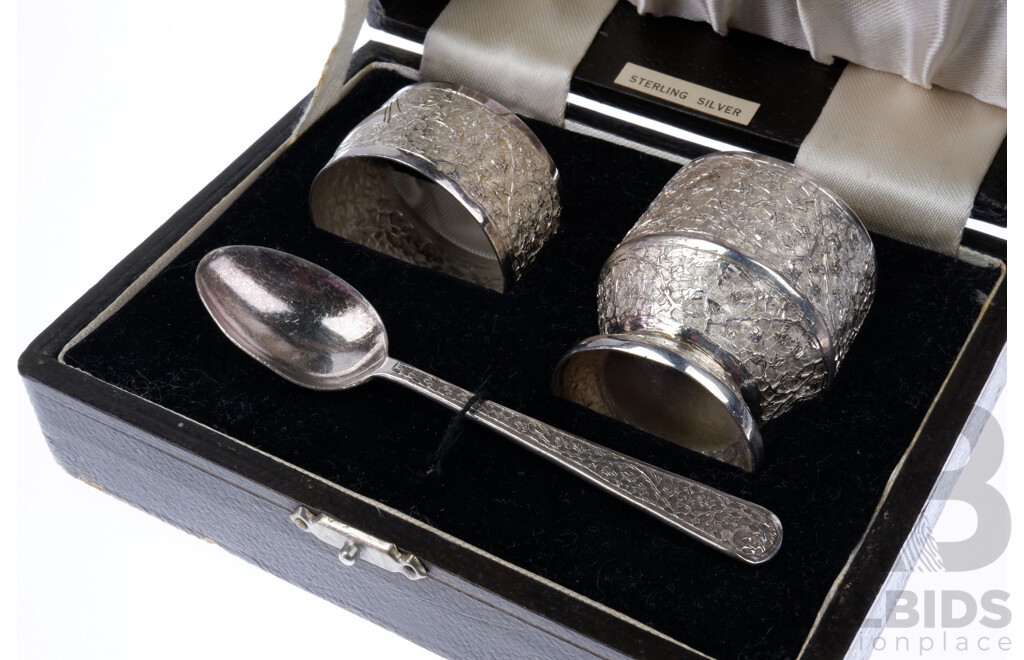 Vintage Sterling Silver Christning Set with Repoused Foliate Detail in Original Box