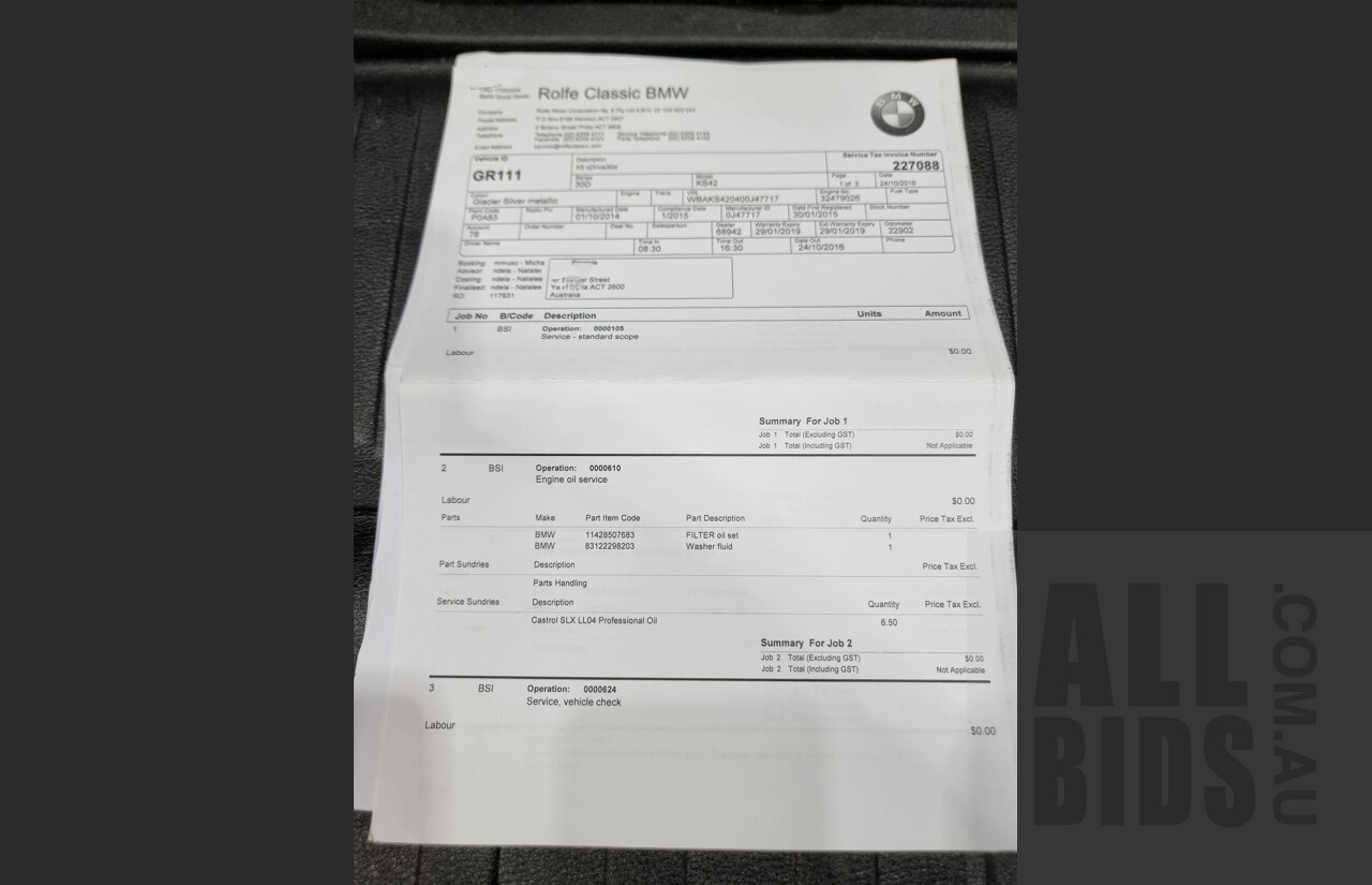 1/2015 Bmw X5 Xdrive 30d F15 4d Wagon Silver 3.0L Turbo Diesel