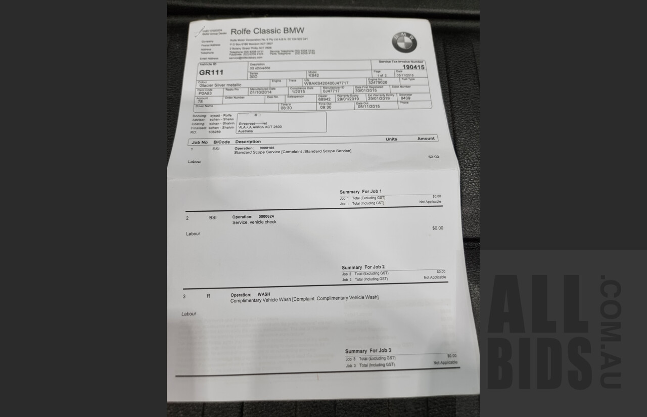 1/2015 Bmw X5 Xdrive 30d F15 4d Wagon Silver 3.0L Turbo Diesel