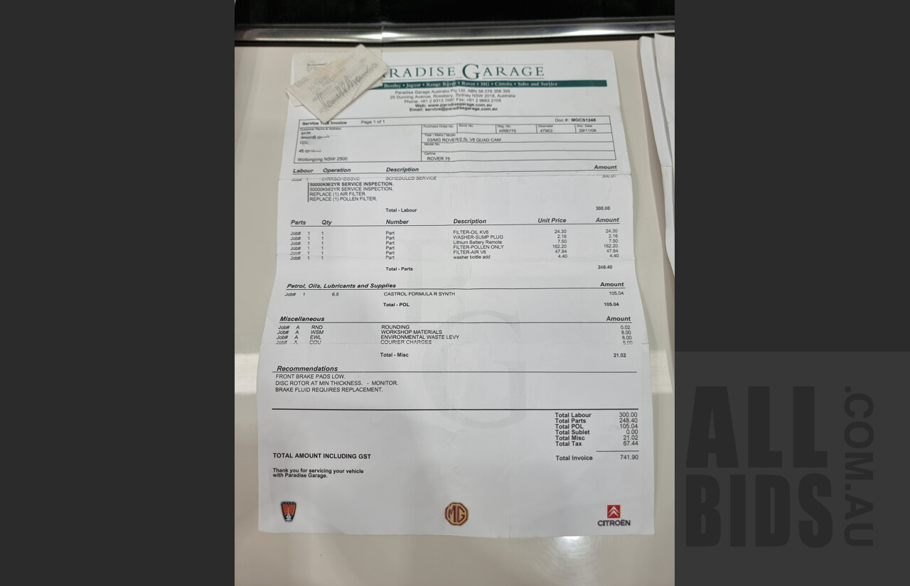 2/2003 Rover 75 Connoisseur SE 4d Sedan White 2.5L V6