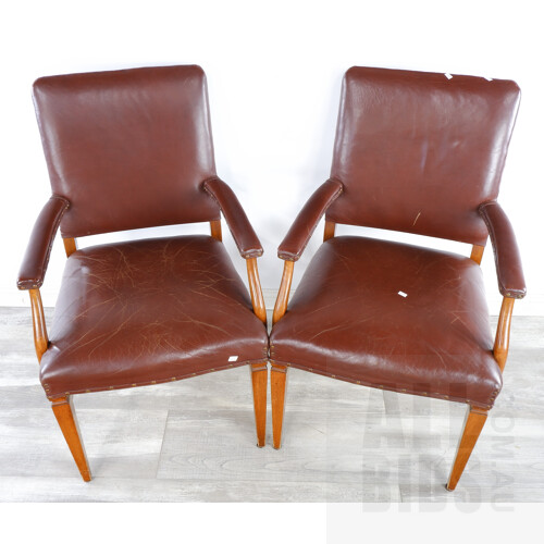 Pair of Vintage Strudded Brown Leather Upholstered Armchairs