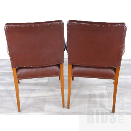 Pair of Vintage Strudded Brown Leather Upholstered Armchairs