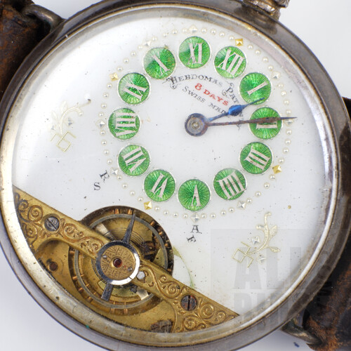 Lovely Antique Engine Turned Sterling Silver Cased Swiss Hebdomas Eight Day Pocket/Wrist Watch, With Porcelain and Enamel Face and Finley Engraved Barrel