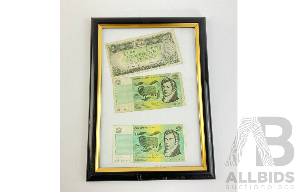 Framed Australian Paper Bank Notes Including One Pound Coombs/Wilson HF41, Two Dollar Coombs/Wilson FCB and Knight/Stone JZE (3)