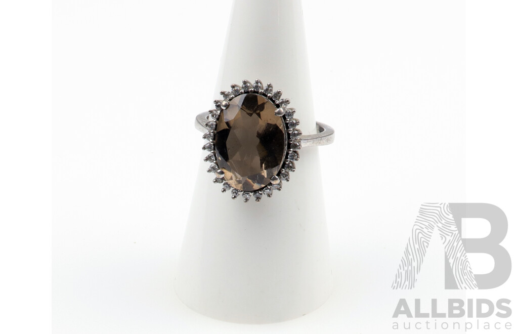 Sterling Silver Smokey Quartz and CZ Cocktail Ring, Size P,  5.25 Grams, 925