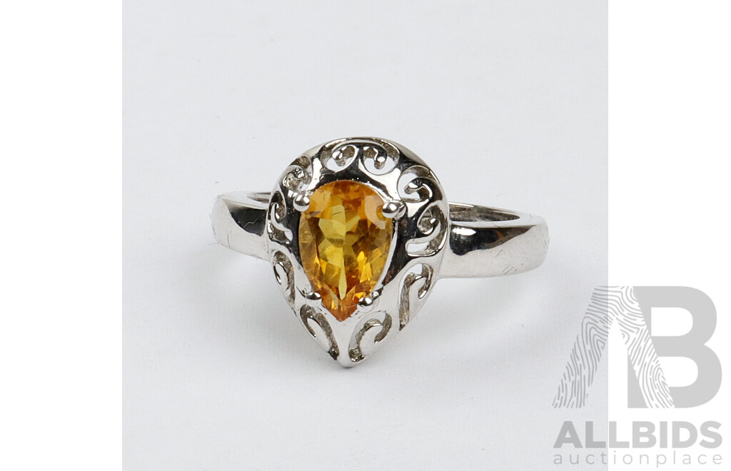 Sterling Silver Pear Shaped Citrine Ring, Size P 1/2, 4.29grams, 925