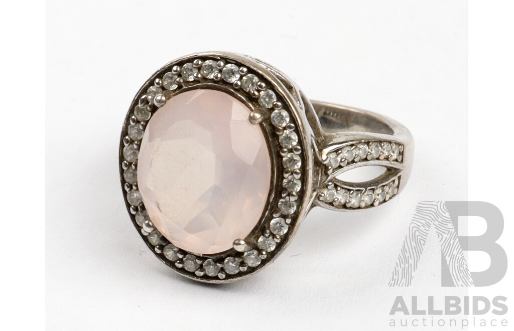 Sterling Silver Rose Quartz & CZ Ring, Size N, 5.46 Grams, 925