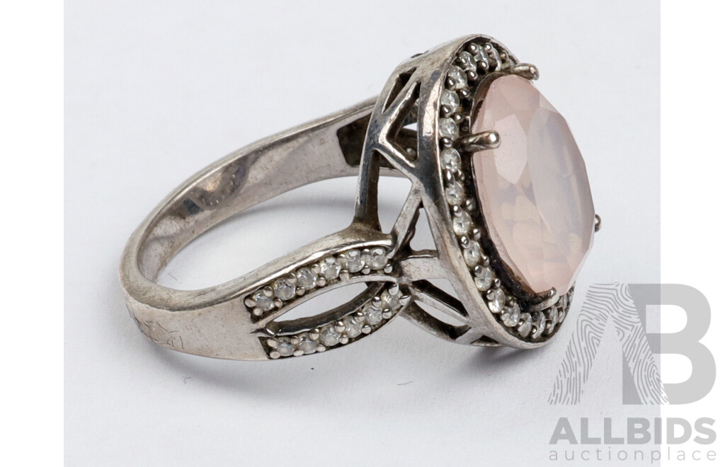 Sterling Silver Rose Quartz & CZ Ring, Size N, 5.46 Grams, 925