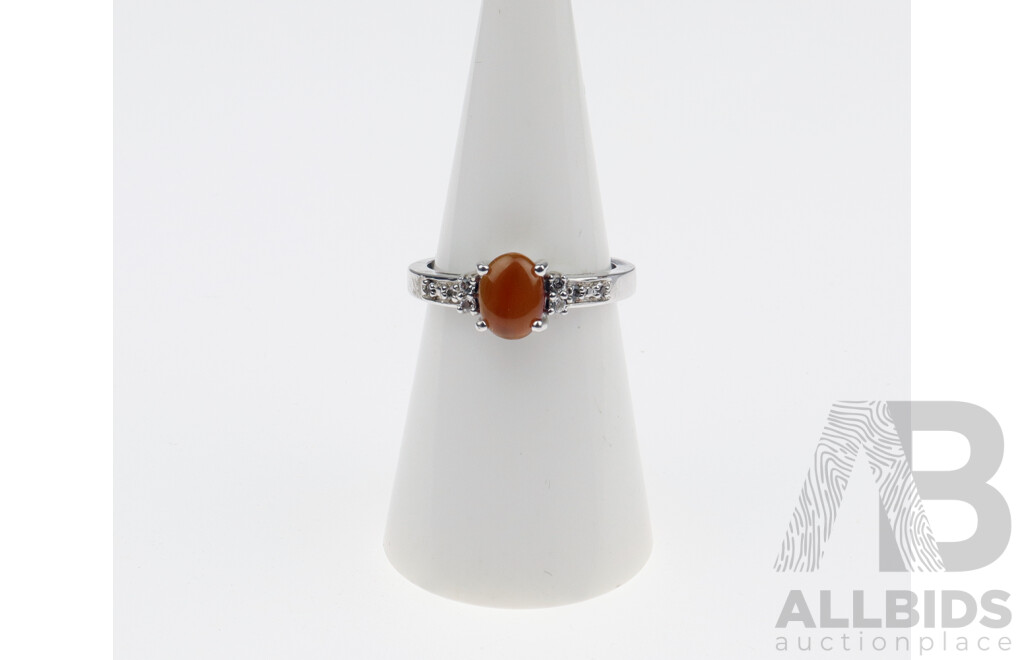 Sterling Silver Carnelian Cabachon & CZ Ring, Size N, 3.21 Grams, 925