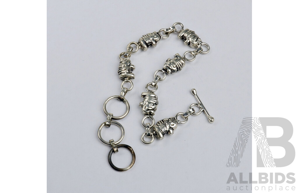 Tibetan Silver Elephants Fob Bracelet, 9.5mm Wide, 19-24cm Adjustable Length