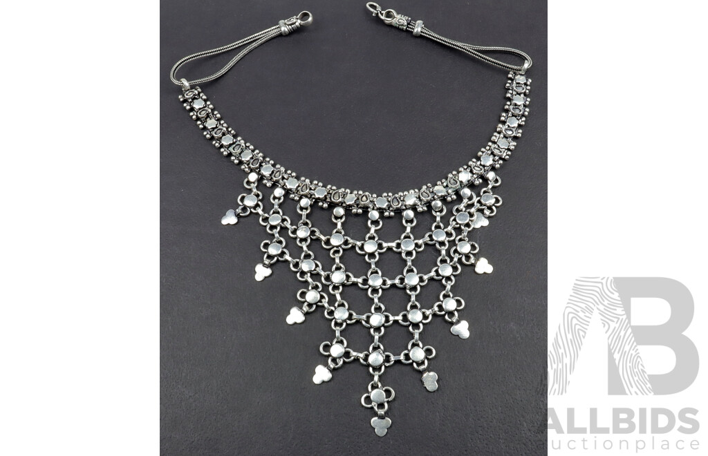 Tibetan Silver V Shaped Collar Necklace with Flower Pattern, 12cm Wide, 48cm in Length