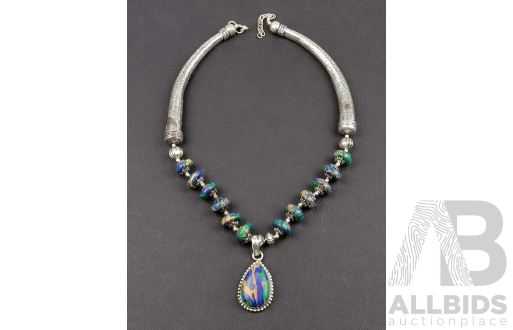 Tibetan Silver Malachite, Azurite & Copper Bead Necklace, 14mm Wide, 50cm in Length
