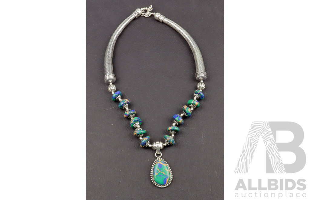 Tibetan Silver Malachite, Azurite & Copper Bead Necklace, 14mm Wide, 50cm in Length