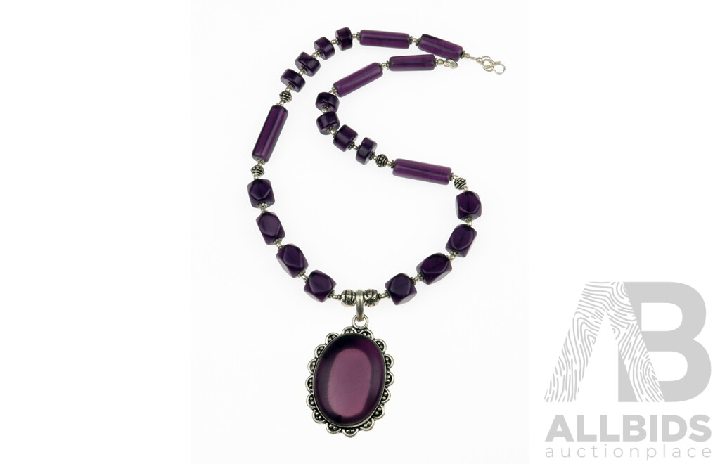Tibetan Silver Amethyst Stone Bead Necklace, 11.2mm Wide, 49cm in Length