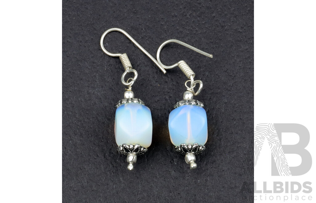 Tibetan Silver Moonstone Bead Earrings, 40mm Drop, 925 Shepherds Hooks